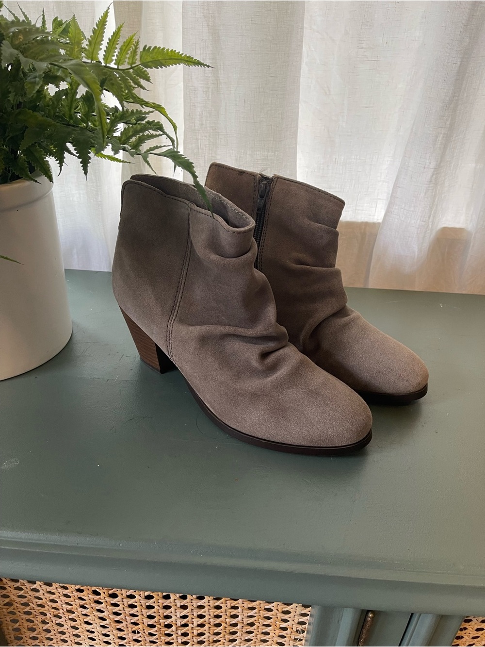 Diba Gray Leather Suede Ankle Slouch Booties with Heel